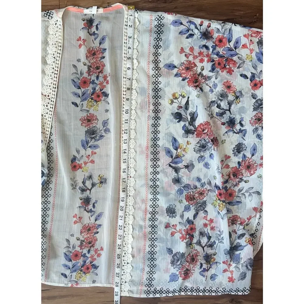 Maurices Crochet Trim Floral Kimono Ivory Coral Blue Sheer Lightweight Long S/M - Picture 7 of 9